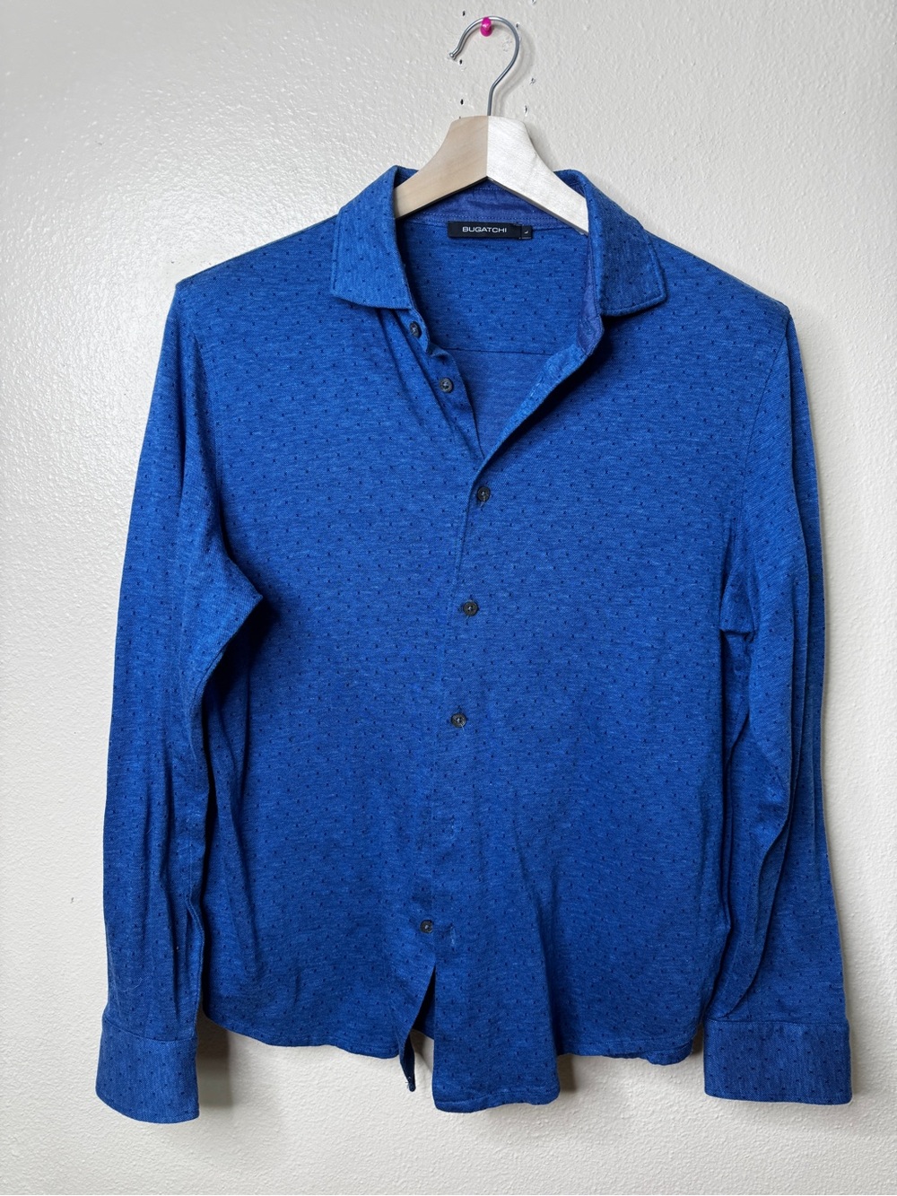Bugatchi Men’s Large Blue Micro Print Long Sleeve Button-Up Shirt Cotton Tencel